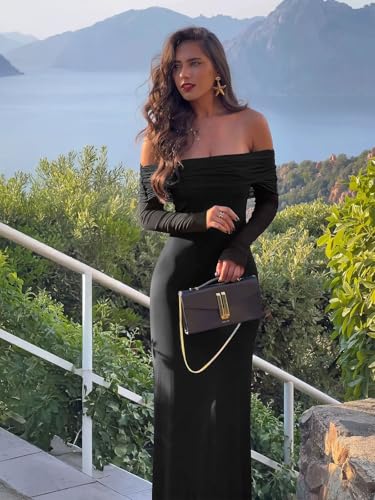 REORIA Women Off Shoulder Long Sleeve Dress Elegant Sexy Stretch Mesh Double Lined Slim Trendy Long Dresses