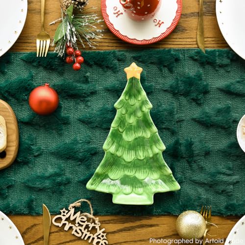 Artoid Mode Christmas Trees Green Soft Plush Faux Fur Jacquard Christmas Table Runner, Holiday Kitchen Dining Table Decora...