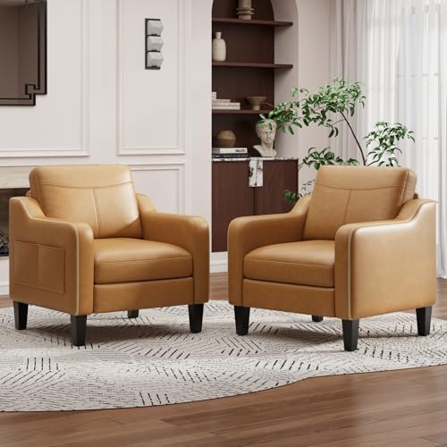 MALOL PU Leather Accent Chair Set of 2, Mid-Century Modern Living Room Armchair Sofa with Removable Cushions, Solid Wood F...
