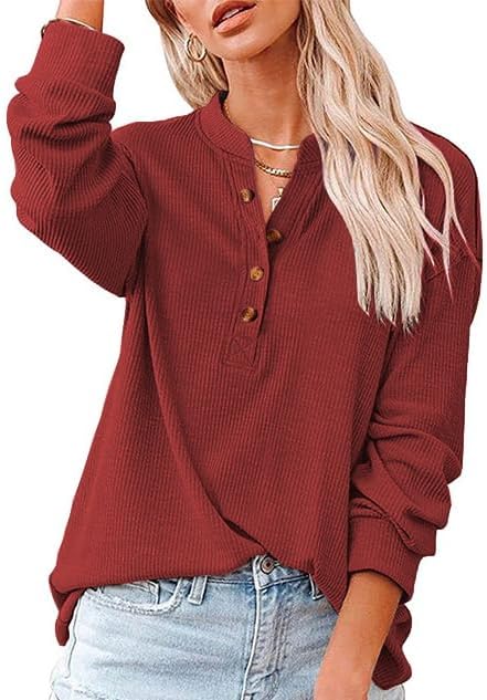 Women's Trendy Half Button Down Sweatshirts Lightweight V Neck Long Sleeve Pullover Tops Casual Fall Clothes