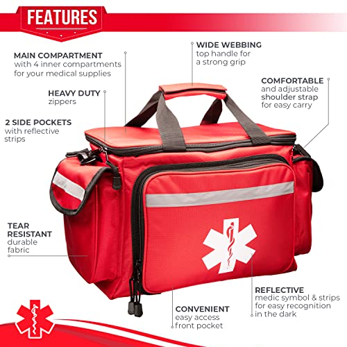 NOVAMEDIC Professional Red Empty Trauma First Aid Medical Bag, 15"x10"x9", Multi Compartment First Responder Carrier for E...