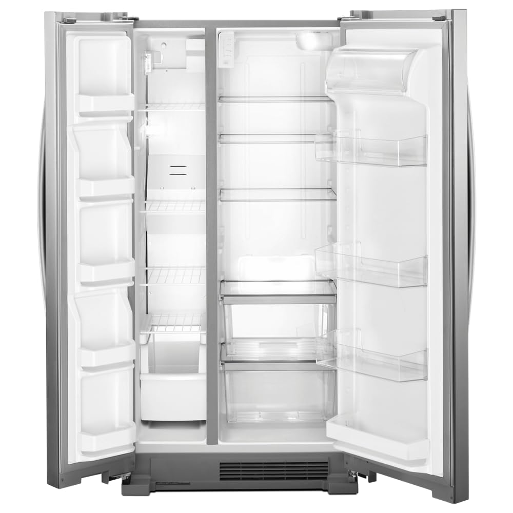 Whirlpool 33 Inch Freestanding Side by Side Refrigerator with 21.72 Cu. Ft. Total Capacity, Adjustable Gallon Door Bins, LED Interior Lighting, Hidden Hinges, Frameless Glass Shelves, Stainless Steel