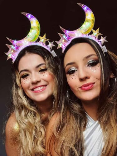 DRESBE Light Up Star Moon Headband New Year LED Headbands NYE Glow Party Hair Accessories for Women (Colorful Light)