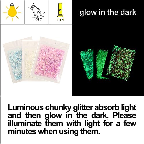 Noctilucent Face Gems, 12Pcs Luminous Face Jewels Rhinestones Stickers and 15g Chunky Glitter Glow in The Dark for Face Ey...