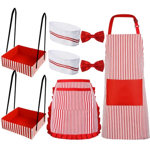 SATINIOR 8 Pcs Couple Waiter Costume Kit Circus Soda Jerk Popcorn Hot Dog Costume Apron Chef Hat Bow Ties Snack Tray for 1...