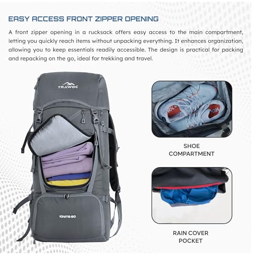 TRAWOC IGNITE 50L Travel Backpack-Front & Top Open for Hiking,Trekking, Unisex Rucksack SHK020-Grey