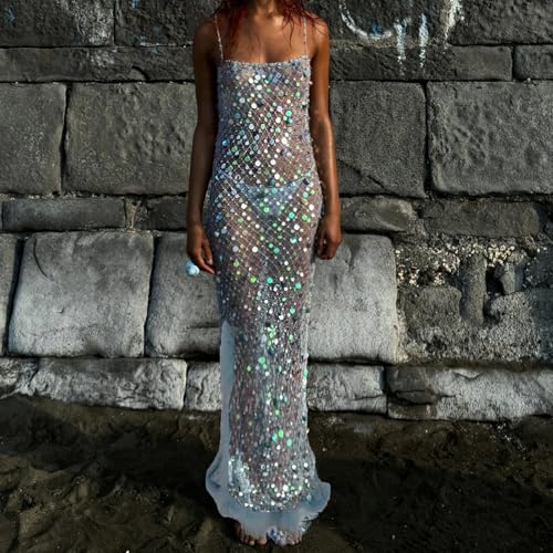 Eofnengsohio Women's Sequin Sheer Maxi Dress Spaghetti Straps Backless Slit Sparkle See-Through Mesh for Beach Clubwear