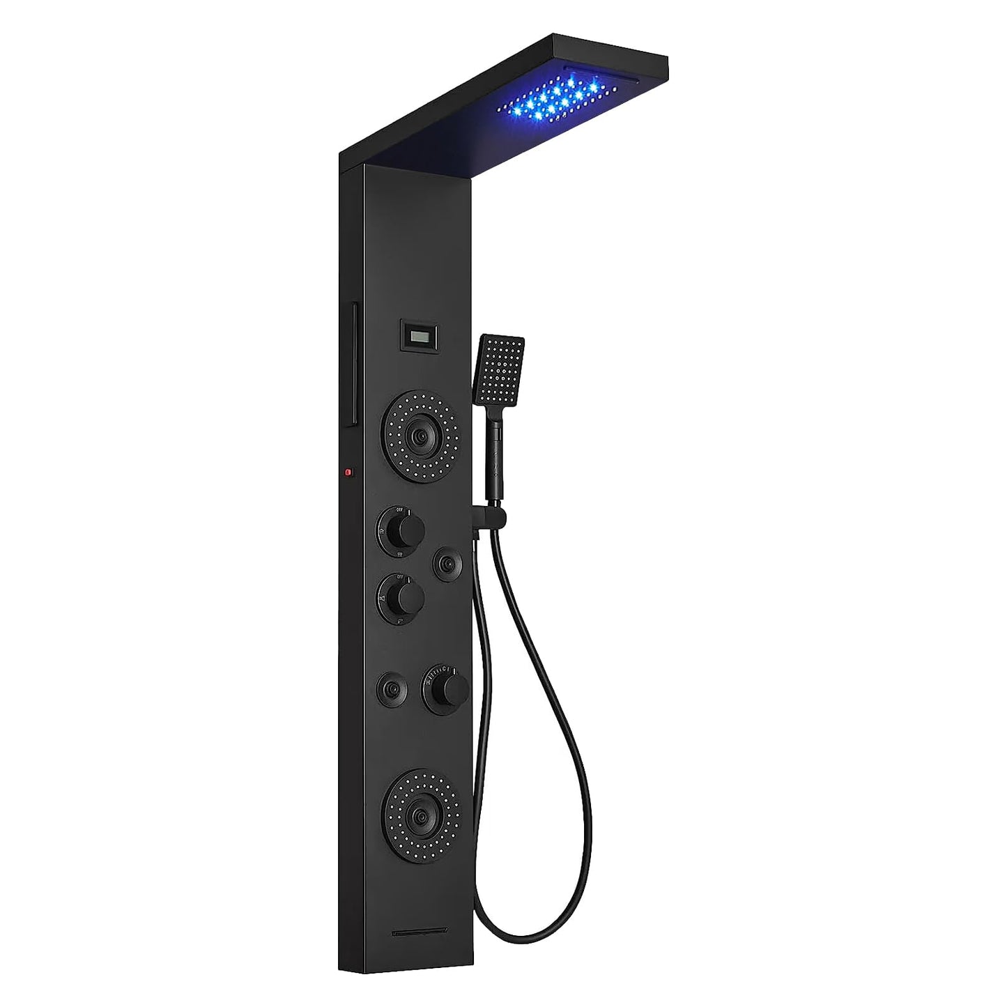 BATHLAVISH 6 in 1 Shower Panel Tower System, Rainfall Shower Panels Set w/LED and Digital Display Stainless Steel Shower Tower with Waterfall Tub Spout 2-Type Massage Jets Handheld Head Matte Black