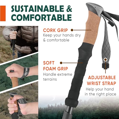 TREKOLOGY Trek-Z Cork Grip Trekking Poles Bundle with 6 Rubber Tip Replacements – Lightweight Folding Hiking Poles, Adjust...