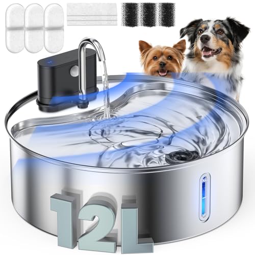 Wireless Dog Water Fountain for Large Dogs, 12L/3.2Gal Stainless Steel Dog Fountain Water Bowl with Sensor, Quiet Pump BP...