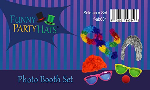 Funny Party Hats 6 Piece Set - Clown Wig Sunglasses & Nose - Clown Accessories Kit - Photo Booth Props