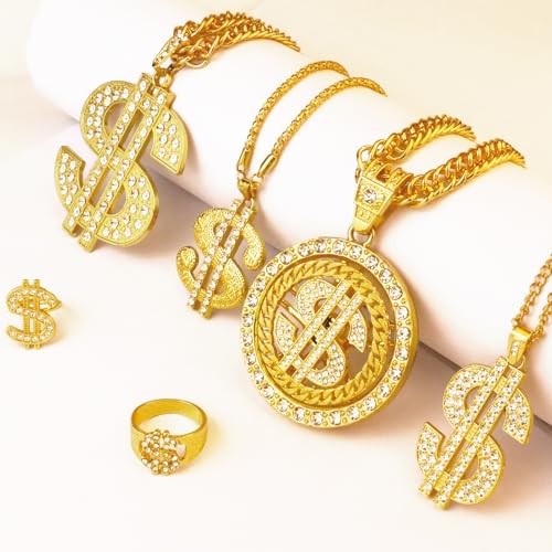 Riuziyi 6 Pack Fake Gold Dollar Sign Chain Necklace Ring for 80s 90s Hip Hop Costumes Outfit, Rapper Jewelry for Men Women