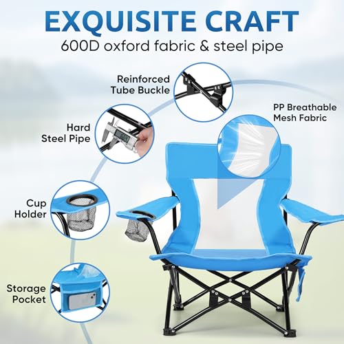 HaSteeL Folding Beach Chair Set of 2, Foldable Blue Camping Chairs for Outside, Low Beach Chair Portable for Adults Fishin...
