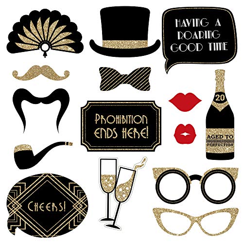 Fully Assembled Roaring 20s Photo Booth Props - Set of 30 - Black & Gold Glitter Selfie Signs - Great Gatsby Themed Party ...