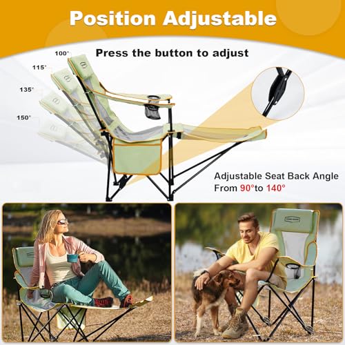 YOUNG WOOD Camping Lounge Chair, Portable Reclining Camping Chair with Foot Rest, Folding Camping Chair for Adults, Headre...