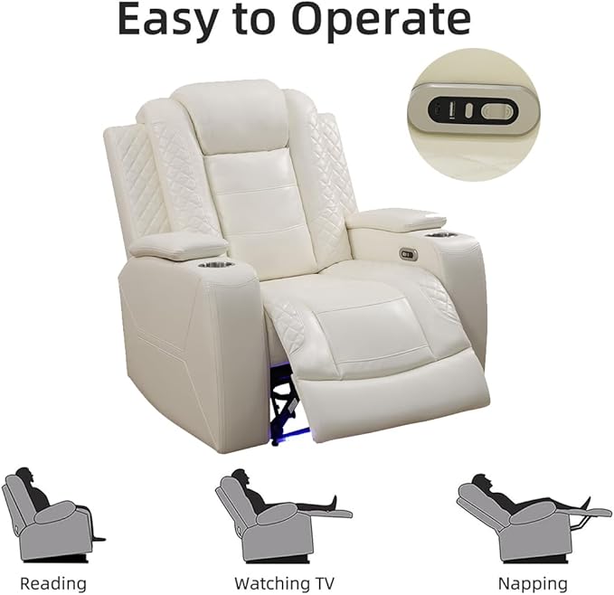 Toseslo Power Recliner Sofa Set with Drop-Down Table, 3-Piece Leather Reclining Sofa Sectional Couches, Living Room Furniture Sets, Reclining Sofa with Cup Holders for House(Creamy White)