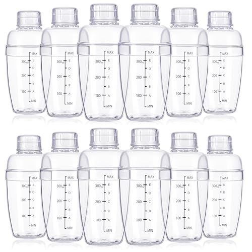 12 Pcs Plastic Cocktail Shaker with Scale and Strainer Top Clear Shaker Cup with Measurement Clear Plastic Bottle Cocktail...