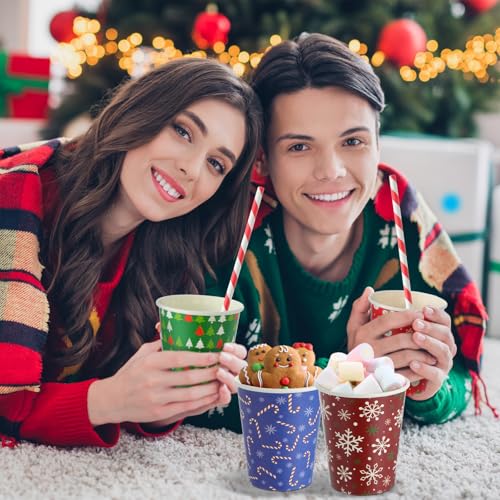 FoldTier 120 Set 9 oz Christmas Hot Cocoa Paper Cups Bulk Disposable Paper Coffee Tea Cups with Straws Christmas Hot Choco...
