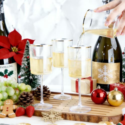 Ciaell 12 Pack Plastic Wine Glasses - 10 Oz Plastic Wine Glasses with Stem - Gold Rim Disposable Cups for Parties & Weddin...