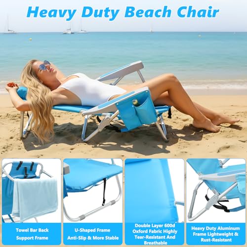Backpack Beach Chairs for Adults, Heavy Duty Compact Portable Lay Flat Folding Chair with Backpack Straps and Large Pocke...