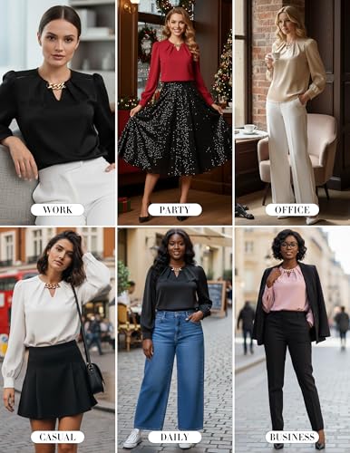 JASAMBAC Women's Satin Silk Blouses, Dressy Casual Long Sleeve Shirts, Trendy Business Work Tops Office Formal Spring Outfits