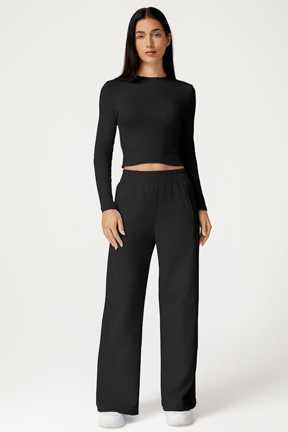 QINSEN Womens 2 Piece Sets Long Sleeve Slim Fit Crop Tops Wide Leg Pants Matching Lounge Set