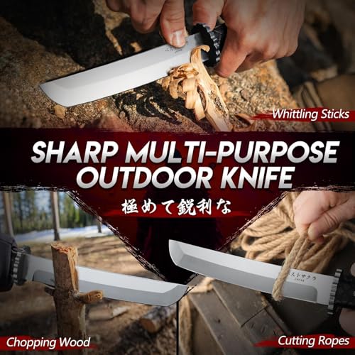 Moontay Fixed Blade Tanto Knife - Japanese Hunting Knife with Sheath, Full Tang Survival Knives with Wood Handle for Campi...