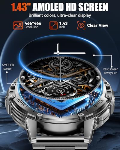 PODOEIL Military Smart Watches for Men with Bluetooth Call, 1.43" AMOLED Waterproof Smartwatch with Flashlight, 111 Sport ...