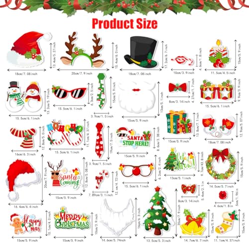 Christmas Photo Booth Props Kit, 31 Pcs Xmas Red Green Snowman Santa Bells Hat Snow Tree for Photoshoot Picture Fun Party ...