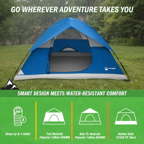 4 Person Camping Tent with Rainfly and Carrying Bag - Easy Pop Up Family Tents for Camping Essentials, Beach, Hiking, Back...