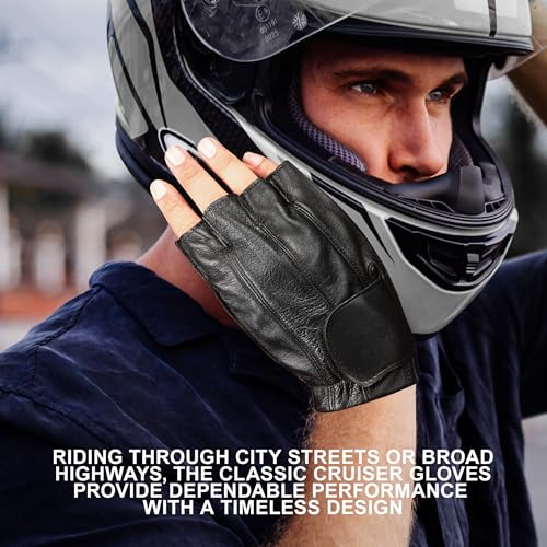 MC Gear Premium Leather Motorcycle Gloves for Men Fingerless Biker Gloves with Gel Palm and Wrist Strap