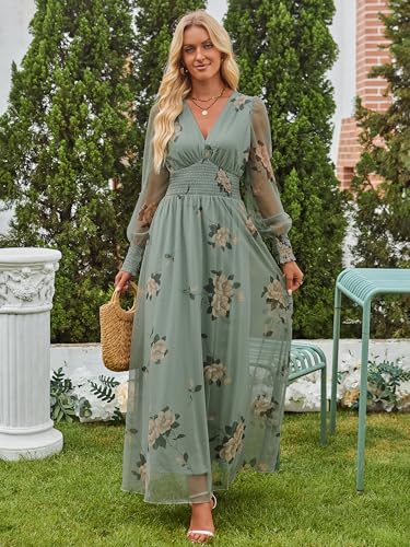 ANRABESS Women's Floral Maxi Dress 2025 Fall V Neck Puff Long Sleeve Flowy Casual Wedding Guest Tea Party Tulle Dresses