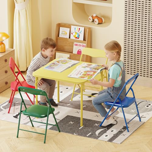 JOYMOR 5-Piece Kids Folding Table and Chairs Set, Metal Frame Children's Activity Set with Easy-Fold Design, Kids Table an...