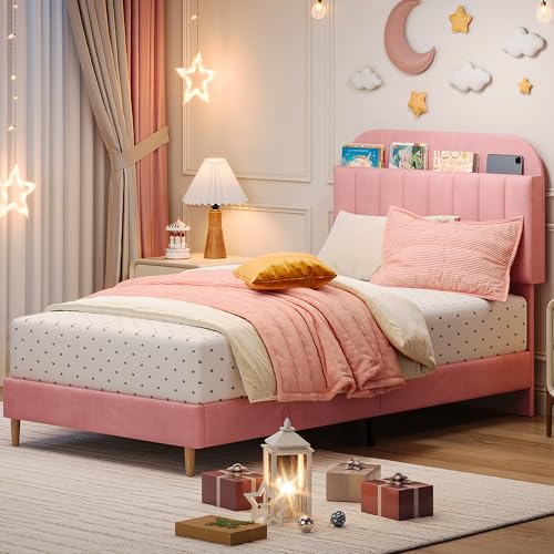 IDEALHOUSE Twin Bed Frames, Upholstered Platform Bed Frame with Bookcase Headboard, Velvet Platform Bed Mattress Foundation, Heavy Duty Steel Support Legs, Easy Assembly, Noise Free, Pink