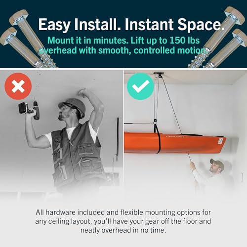 StoreYourBoard Kayak and Canoe Ceiling Hoist – Overhead Garage Storage Rack for Kayaks, Canoes, and Paddle Gear – Heavy Du...