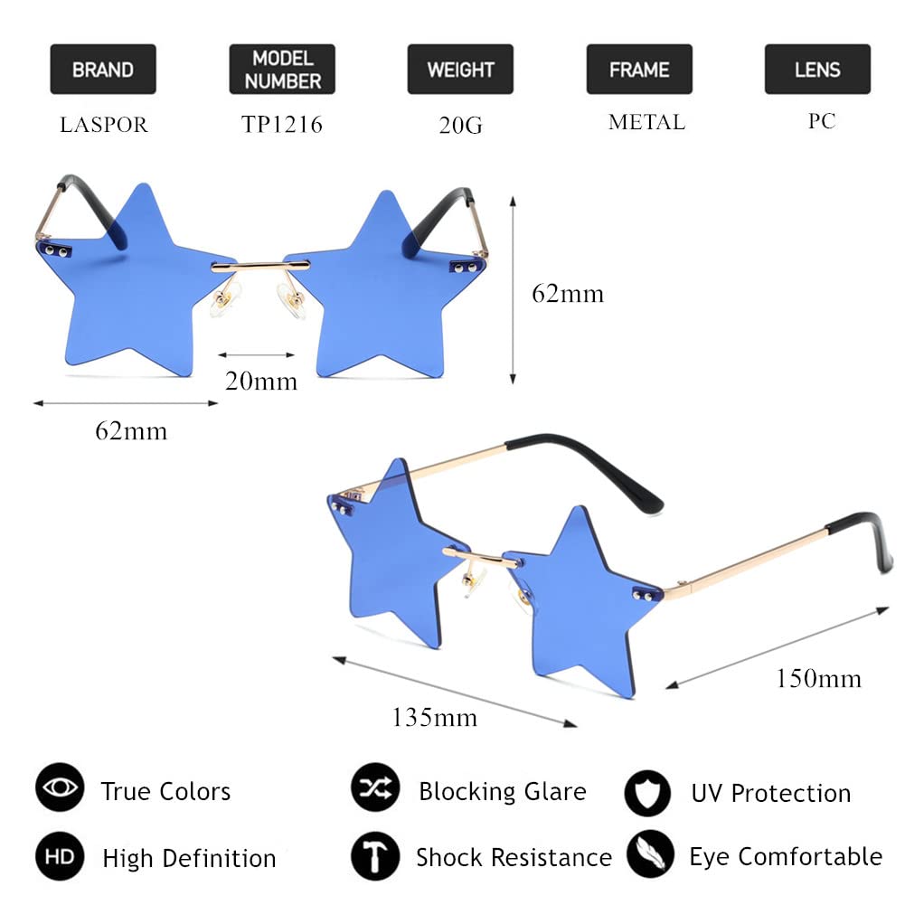 LASPOR Rimless Star shape Sunglasses for women/men Frameless Party glasses Super Cute Vintage Retro Pentagram Eyewears（Blue+Black）
