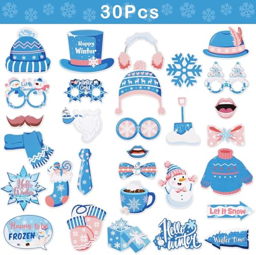 30PCS Snowflake Photo Booth Props - Snowflake Games for Party Supplies, Winter Photo Booth Props, Holiday and Winter Wonde...