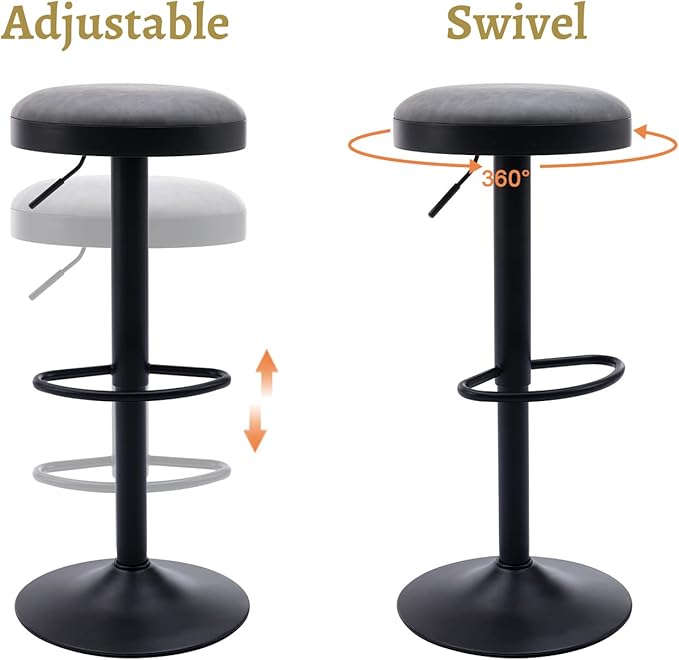 EALSON Modern Swivel Bar Stool Adjustable Counter Height Backless Barstools with Metal Base Leather Upholstered Round Bar Stool Chairs for Kitchen Island/Pub/Breakfast Bar, Grey 1PC