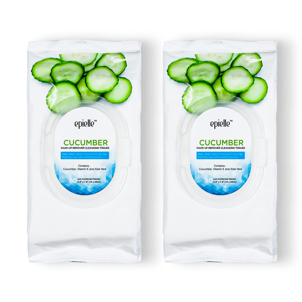 Epielle Cucumber Makeup Remover Wipes | 60 Count, 2 Pack | Gentle Cleansing Towelettes | Beauty Gift, Spa Day, Gift Set | Korean