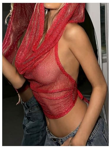 Floerns Rave Outfits for Women Sexy Backless Hoodie Draped Halter Tank Top Going Out Concert Festival Party Streetwear