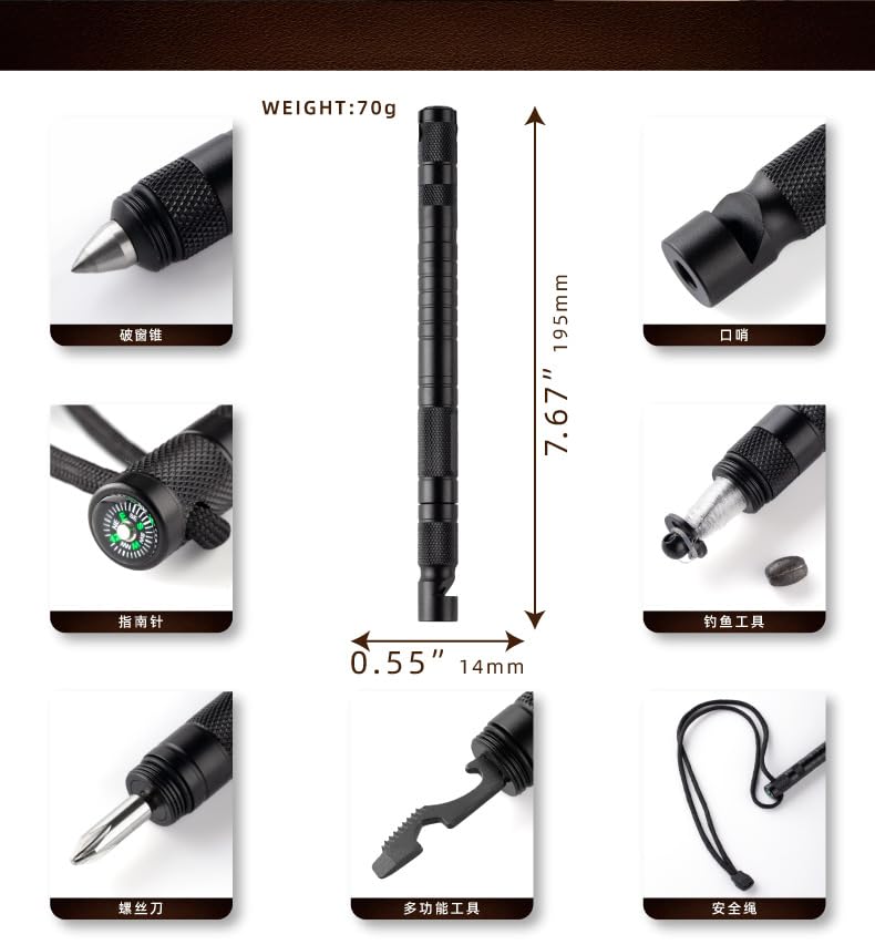 Outdoor Emergency Tactical Pen - 10-in-1 Multi-Functional Survival Tool with Compass, Fire Starter, Window Breaker, Whistl...