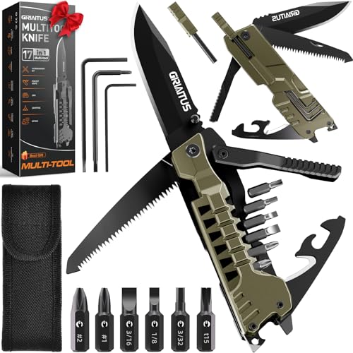 Multitool Knife, 17 in 1 Pocket Knife with Screwdriver, Fire Starter Sticks, Bottle Opener, Saw, Whistle, Nylon Sheath, ED...