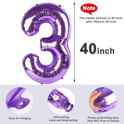 Numbers Balloon 3, 40 Inch Large Purple Balloon for Three Year Old Birthday Decor, 3 13 30 31 Birthday Party Decorations f...