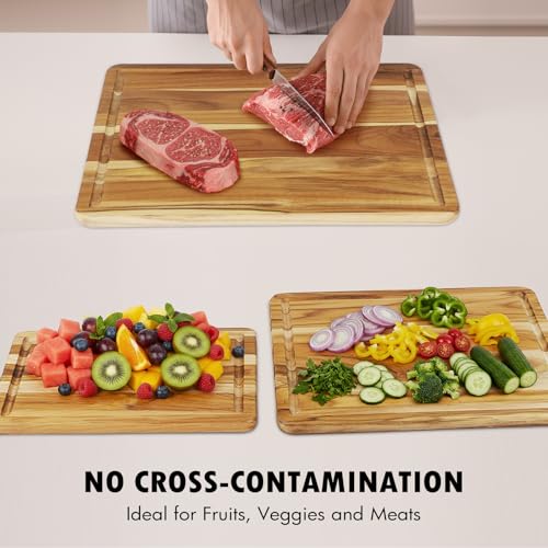 Zovano 3-PieceTeak Wood Cutting Board Set with Stand for Kitchen, Chopping Boards with Deep Juice Groove, Charcuteire Butc...