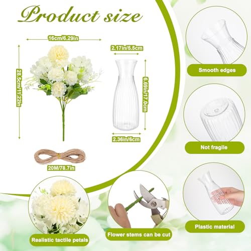 Teecyhooo 31 Pack Hydrangea Artificial Flowers with 10 Clear Plastic Vases 20 Bundles Silk Floral Bouquet Faux Arrangement...