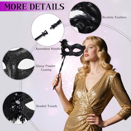 BEARAE Masquerade Mask for Women with Stick, Feather Venetian Masks, Costume Mask for Mardi Gras Gatsby Party Decoration