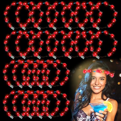 YOFOBU 24PCS LED Flower Crown,Red Light Up Flower Headband for Women,Glow in The Dark Flower Wreath Crowns for Weddings,Br...