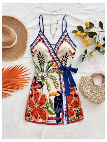 SOLY HUX Women's Tropical Print Mini Dress Summer Wrap V Neck Bow Tie Vacation Dresses