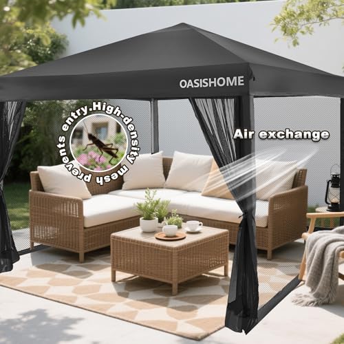OASISHOME 10'x10' Pop-Up Gazebo Canopy Tent with Netting Sidewalls & Wheeled Bag,Weight Bag, Stakes, Ropes, Waterproof, UV...