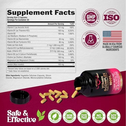 Vitamin B Complex for Men & Women - Made in USA - B-Complex: B1, B2, B3, B5, B6, B7, B8, B9, B12 with Vitamin C, Choline, Inositol - Energy, Brain & Heart Support Supplement, 60 Vegan Capsules